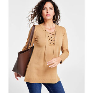 INC International Concepts Women's Large Petite Brown Lace-Up Tunic Sweater NWT